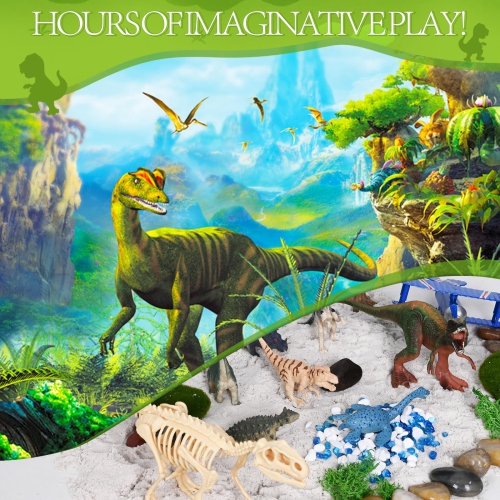 Dinosaur Sensory Bin - Play Sand for Kids,Sandbox,2.2lbs Magic Sand, 1Velociraptor 6 Painted Dinosaurs, Dinosaur Skeleto