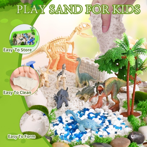 Dinosaur Sensory Bin - Play Sand for Kids,Sandbox,2.2lbs Magic Sand, 1Velociraptor 6 Painted Dinosaurs, Dinosaur Skeleto