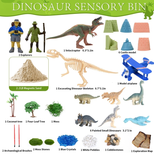 Dinosaur Sensory Bin - Play Sand for Kids,Sandbox,2.2lbs Magic Sand, 1Velociraptor 6 Painted Dinosaurs, Dinosaur Skeleto