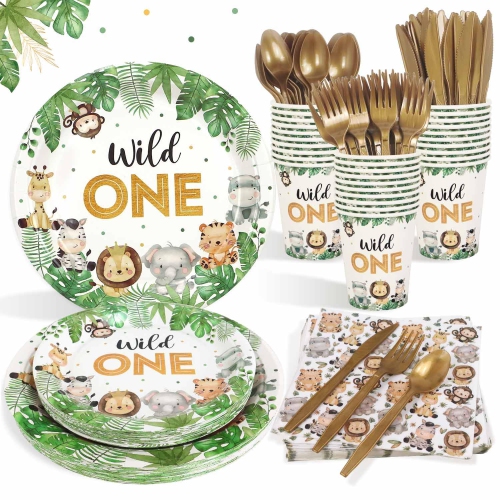 Ensemble de 175 assiettes décoratives Wild One Birthday 25 invités, assiettes en papier à thème de la jungle safari pour la fête prénatale Serviettes