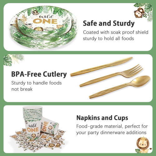 Ensemble de 175 assiettes décoratives Wild One Birthday 25 invités, assiettes en papier à thème de la jungle safari pour la fête prénatale Serviettes