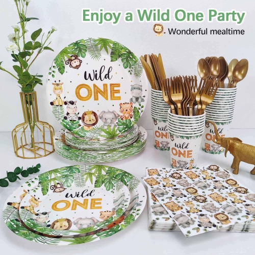 Ensemble de 175 assiettes décoratives Wild One Birthday 25 invités, assiettes en papier à thème de la jungle safari pour la fête prénatale Serviettes