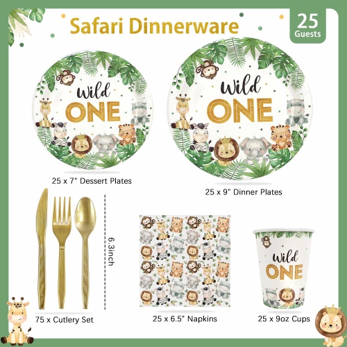 Ensemble de 175 assiettes décoratives Wild One Birthday 25 invités, assiettes en papier à thème de la jungle safari pour la fête prénatale Serviettes