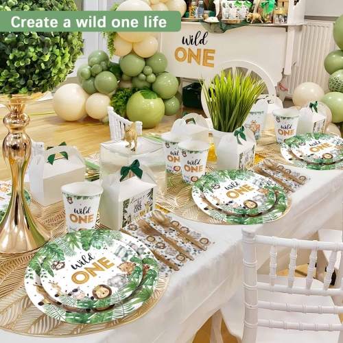 Ensemble de 175 assiettes décoratives Wild One Birthday 25 invités, assiettes en papier à thème de la jungle safari pour la fête prénatale Serviettes