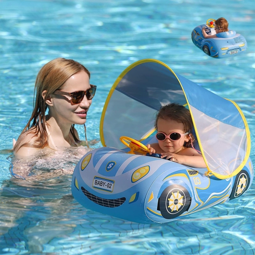 Baby Pool Float with Canopy 3D Car Thick PVC Inflatable Baby Swim Pool Floats Seat Boat with Sun Shade Cover and Steerin
