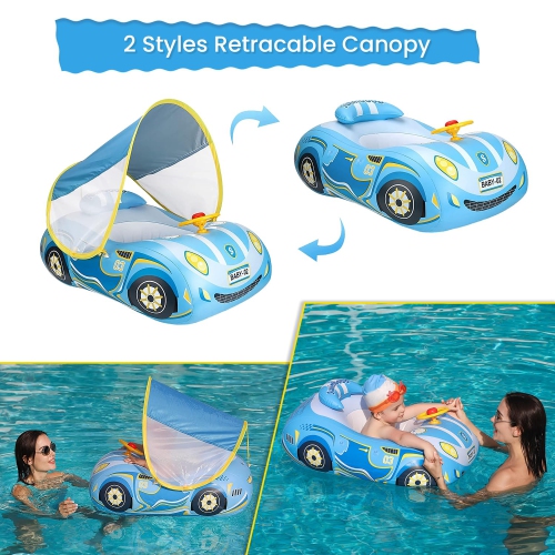 Baby Pool Float with Canopy 3D Car Thick PVC Inflatable Baby Swim Pool Floats Seat Boat with Sun Shade Cover and Steerin