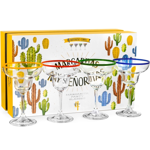 Verres à cocktail à margarita de 10&nbsp;oz + anneaux colorés | Ensemble de 4 | Ensemble de verres à pied classiques et boîte-cadeau de cactus amusant