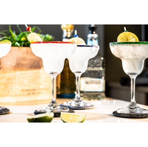Verres à cocktail à margarita de 10&nbsp;oz + anneaux colorés | Ensemble de 4 | Ensemble de verres à pied classiques et boîte-cadeau de cactus amusant