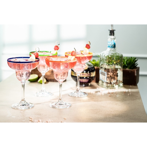 Verres à cocktail à margarita de 10&nbsp;oz + anneaux colorés | Ensemble de 4 | Ensemble de verres à pied classiques et boîte-cadeau de cactus amusant