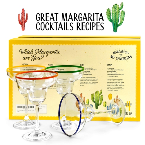 Verres à cocktail à margarita de 10&nbsp;oz + anneaux colorés | Ensemble de 4 | Ensemble de verres à pied classiques et boîte-cadeau de cactus amusant