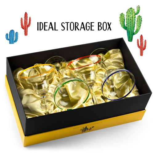 Verres à cocktail à margarita de 10&nbsp;oz + anneaux colorés | Ensemble de 4 | Ensemble de verres à pied classiques et boîte-cadeau de cactus amusant