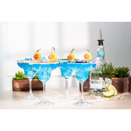 Verres à cocktail à margarita de 10&nbsp;oz + anneaux colorés | Ensemble de 4 | Ensemble de verres à pied classiques et boîte-cadeau de cactus amusant