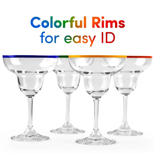 Verres à cocktail à margarita de 10&nbsp;oz + anneaux colorés | Ensemble de 4 | Ensemble de verres à pied classiques et boîte-cadeau de cactus amusant