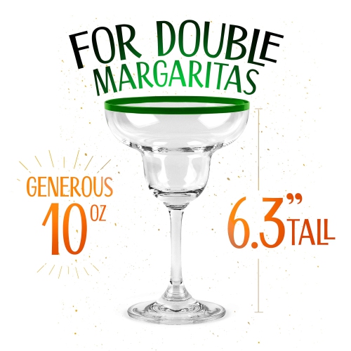 Verres à cocktail à margarita de 10&nbsp;oz + anneaux colorés | Ensemble de 4 | Ensemble de verres à pied classiques et boîte-cadeau de cactus amusant