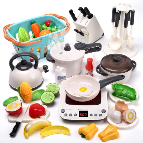 CUTE STONE 40PCS Pretend Play Kitchen Toys,Toy Cookwares with Spray Pressure Cooker,Electronic Induction Cooktop and Coo