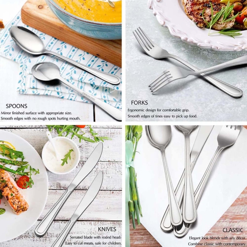 40-Piece Silverware Set, E-far Stainless Steel Modern Flatware Cutlery Set Service for 8, Tableware Includes Dinner Fork