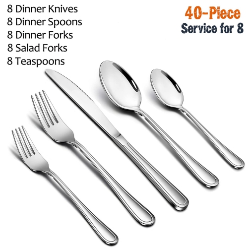 40-Piece Silverware Set, E-far Stainless Steel Modern Flatware Cutlery Set Service for 8, Tableware Includes Dinner Fork