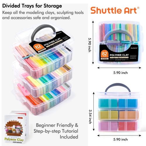 Argile au polymère de Shuttle Art, argile à modeler de cuisson de four à 82 couleurs, trousse d'argile créative avec 19 outils d'argile et 16 types