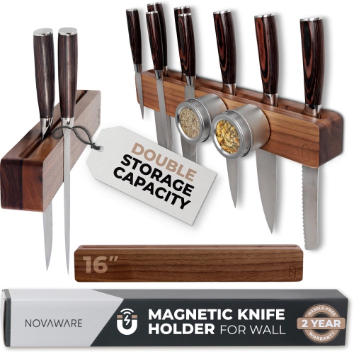 Porte-couteau magnétique noyer 16&nbsp;po pour mur avec rangement double et bois de chauffage - Support mural magnétique couteau, kN