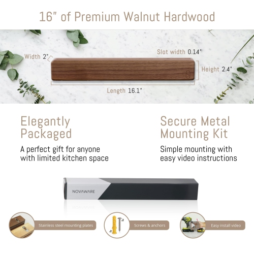 Porte-couteau magnétique noyer 16 po pour mur avec rangement double et bois de chauffage - Support mural magnétique couteau, kN