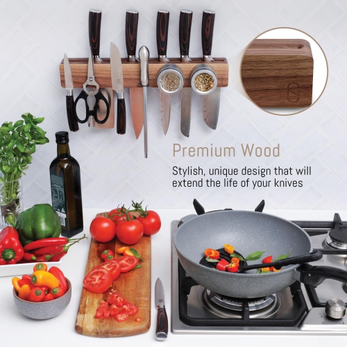 Porte-couteau magnétique noyer 16 po pour mur avec rangement double et bois de chauffage - Support mural magnétique couteau, kN