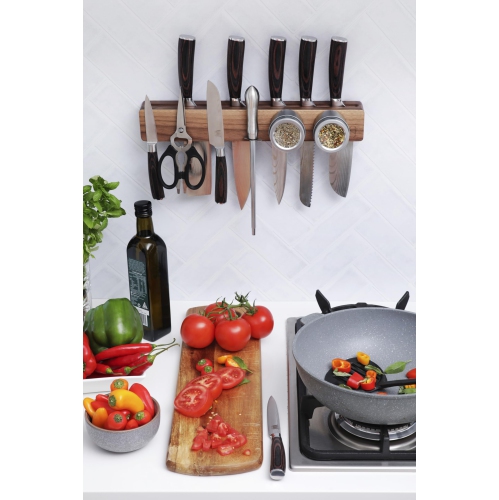 Porte-couteau magnétique noyer 16 po pour mur avec rangement double et bois de chauffage - Support mural magnétique couteau, kN