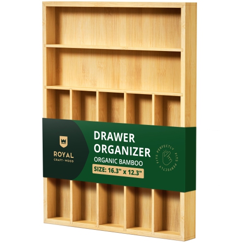 Bamboo Kitchen Drawer Organizer - Expandable Silverware Organizer/Utensil Holder and Cutlery Tray with Grooved Drawer Di