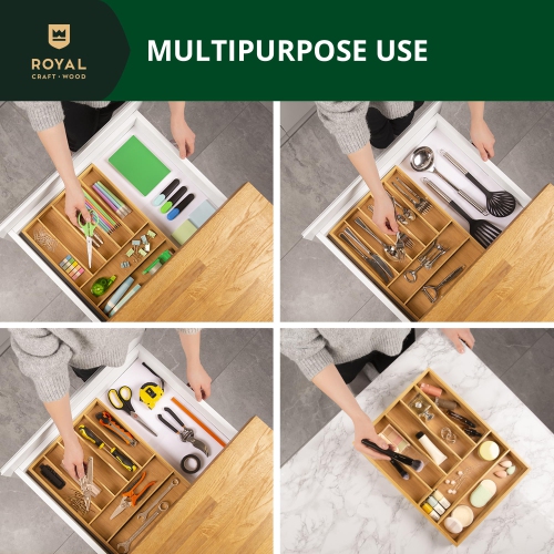 Bamboo Kitchen Drawer Organizer - Expandable Silverware Organizer/Utensil Holder and Cutlery Tray with Grooved Drawer Di