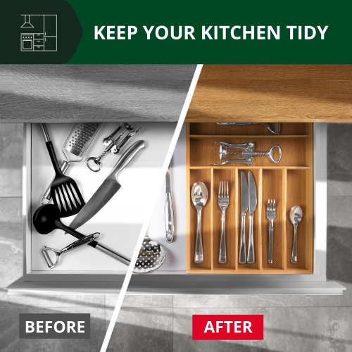 Bamboo Kitchen Drawer Organizer - Expandable Silverware Organizer/Utensil Holder and Cutlery Tray with Grooved Drawer Di