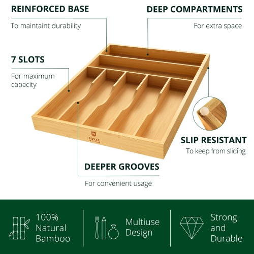 Bamboo Kitchen Drawer Organizer - Expandable Silverware Organizer/Utensil Holder and Cutlery Tray with Grooved Drawer Di