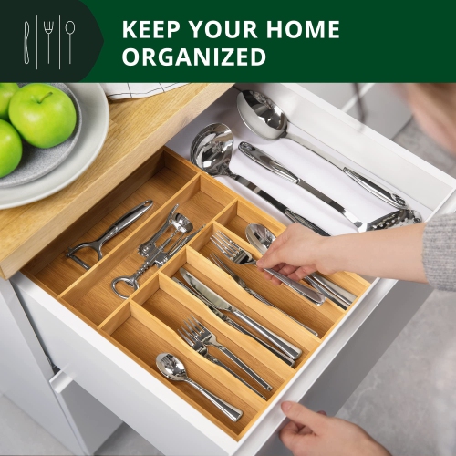 Bamboo Kitchen Drawer Organizer - Expandable Silverware Organizer/Utensil Holder and Cutlery Tray with Grooved Drawer Di