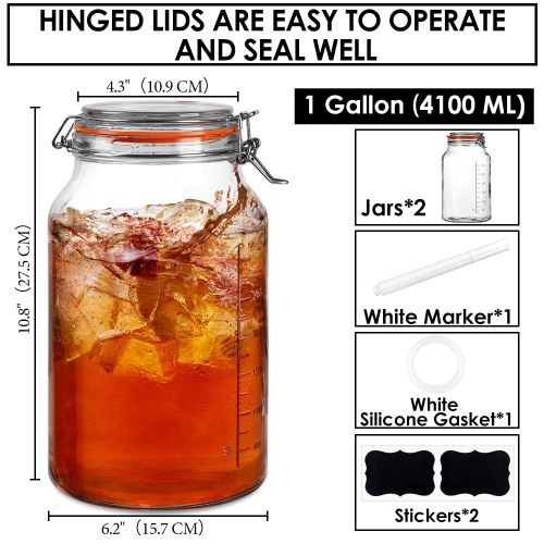 Super Wide-Mouth 1 Gallon Glass Jars with Hinged Lids, 4100 ML Leak-proof Large Mason Jars with Lids and 2 Measurement M