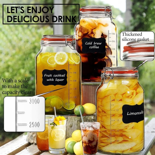 Super Wide-Mouth 1 Gallon Glass Jars with Hinged Lids, 4100 ML Leak-proof Large Mason Jars with Lids and 2 Measurement M