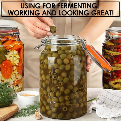 Super Wide-Mouth 1 Gallon Glass Jars with Hinged Lids, 4100 ML Leak-proof Large Mason Jars with Lids and 2 Measurement M