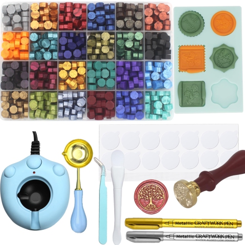 Wax Seal Kit with 24 Colors Wax Seal Beads 600pcs, Andotopee Tree of Life Wax Seal Stamp Kit with Electric Sealing Wax W