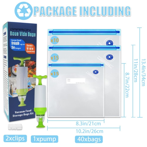Daarcin 3 Size 40pcs Sous Vide Bags BPA Free Reusable Vacuum Sealer Bags Kit Keep Food Flesh with 1 Vacuum Hand Pump and