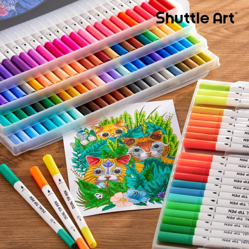 Ensemble de marqueurs artistiques à pointe double 120 couleurs de Shuttle Art avec 1 livre à colorier, un marqueur à pointe double et un pinceau