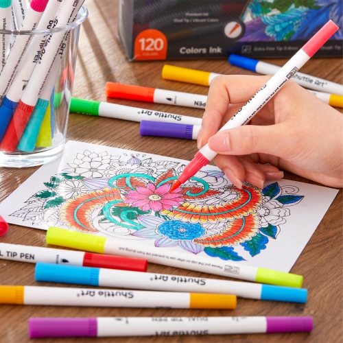 Ensemble de marqueurs artistiques à pointe double 120 couleurs de Shuttle Art avec 1 livre à colorier, un marqueur à pointe double et un pinceau
