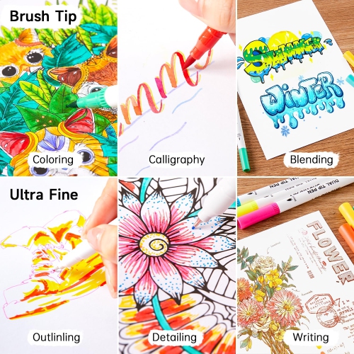 Ensemble de marqueurs artistiques à pointe double 120 couleurs de Shuttle Art avec 1 livre à colorier, un marqueur à pointe double et un pinceau