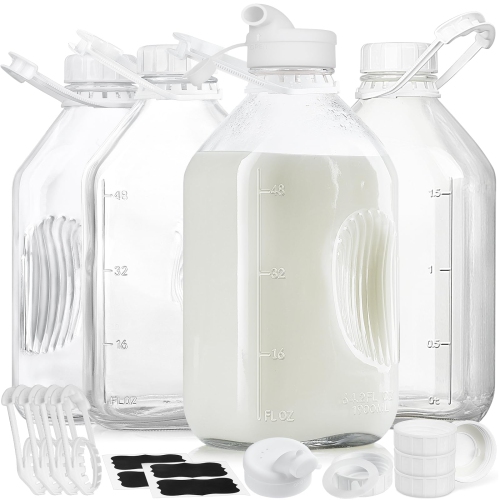 Syntic 4 Pack Glass Water Bottles for Fridge, Half Gallon Milk Jugs with Airtight Lids, 64 Oz Water Bottles, Juice Jugs,