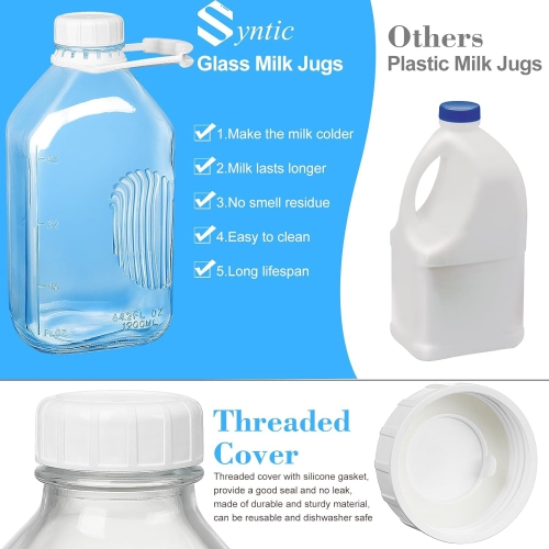 Syntic 4 Pack Glass Water Bottles for Fridge, Half Gallon Milk Jugs with Airtight Lids, 64 Oz Water Bottles, Juice Jugs,