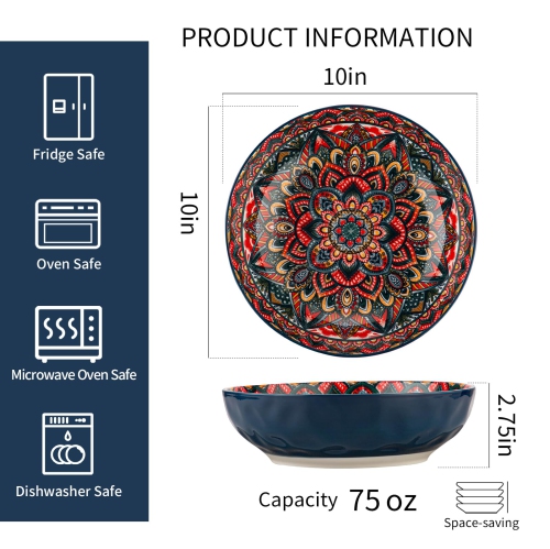 YUN TAO Large Serving Bowls,10 inch Fruit Salad Bowls, 75 Oz Pasta Bowls Set of 2,Decorative Serving Dishes for Entertai