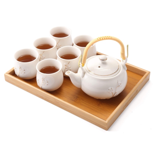 Dujust Japanese Tea Set, White Porcelain Tea Set with 1 Teapot Set, 6 Tea Cups, 1 Tea Tray, 1 Stainless Infuser, Cute As