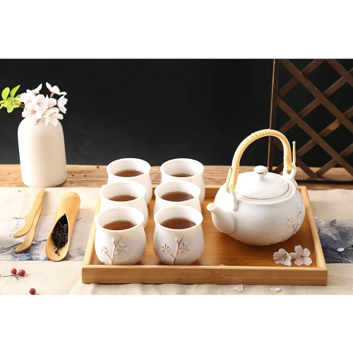 Dujust Japanese Tea Set, White Porcelain Tea Set with 1 Teapot Set, 6 Tea Cups, 1 Tea Tray, 1 Stainless Infuser, Cute As