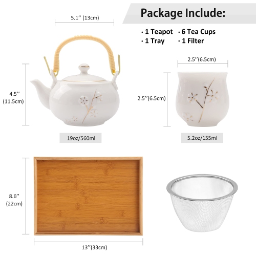 Dujust Japanese Tea Set, White Porcelain Tea Set with 1 Teapot Set, 6 Tea Cups, 1 Tea Tray, 1 Stainless Infuser, Cute As