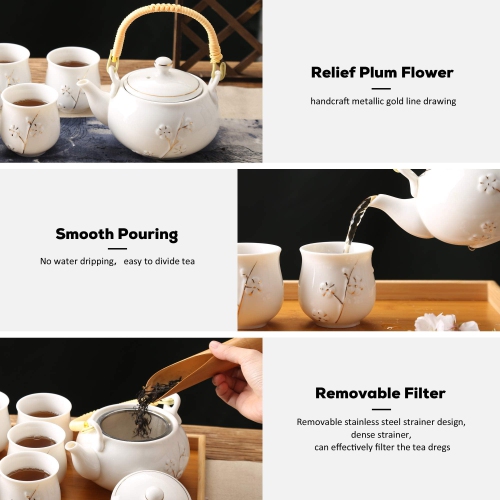 Dujust Japanese Tea Set, White Porcelain Tea Set with 1 Teapot Set, 6 Tea Cups, 1 Tea Tray, 1 Stainless Infuser, Cute As