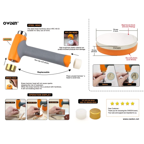 OWDEN Professional Jewelry metal stamps hammer with 2 replace hammer heads No-Rebound steel bench block set Jewelry stam