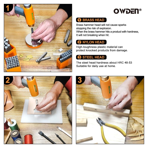 OWDEN Professional Jewelry metal stamps hammer with 2 replace hammer heads No-Rebound steel bench block set Jewelry stam
