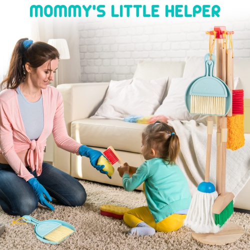 HELLOWOOD Kids Cleaning Set, 8pcs Housekeeping Play Set Includes Broom Mop Duster Dustpan Brushes Rag and Organizing Sta