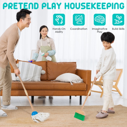 HELLOWOOD Kids Cleaning Set, 8pcs Housekeeping Play Set Includes Broom Mop Duster Dustpan Brushes Rag and Organizing Sta